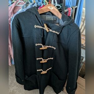 J. Crew Mens Black Wool Duffle Coat Hooded Toggle Jacket Size Large